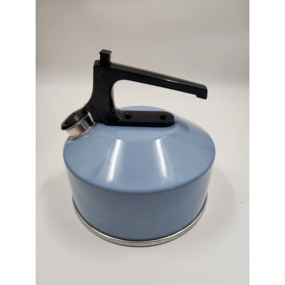 Vintage Light Blue Enamel Whistling Tea Kettle Stovetop Retro Mid Century Modern
